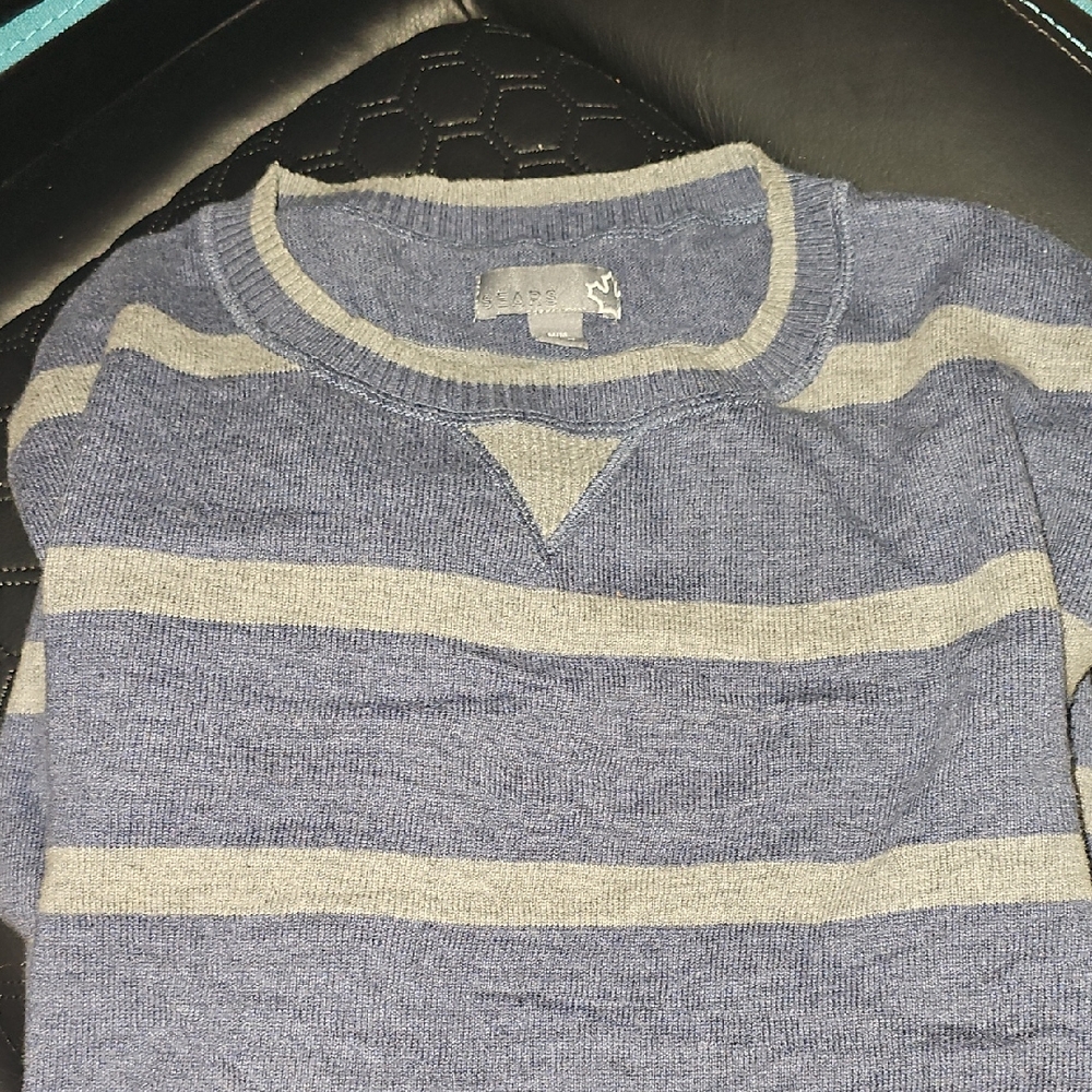 Sears Men's Navy and Gray Striped Crewneck Sweater